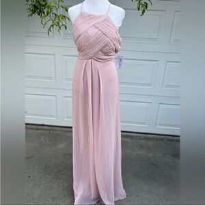Bill Levkoff 1161 High Neck Open Back Chiffon Bridesmaid Dress Frost Rose Sz 10